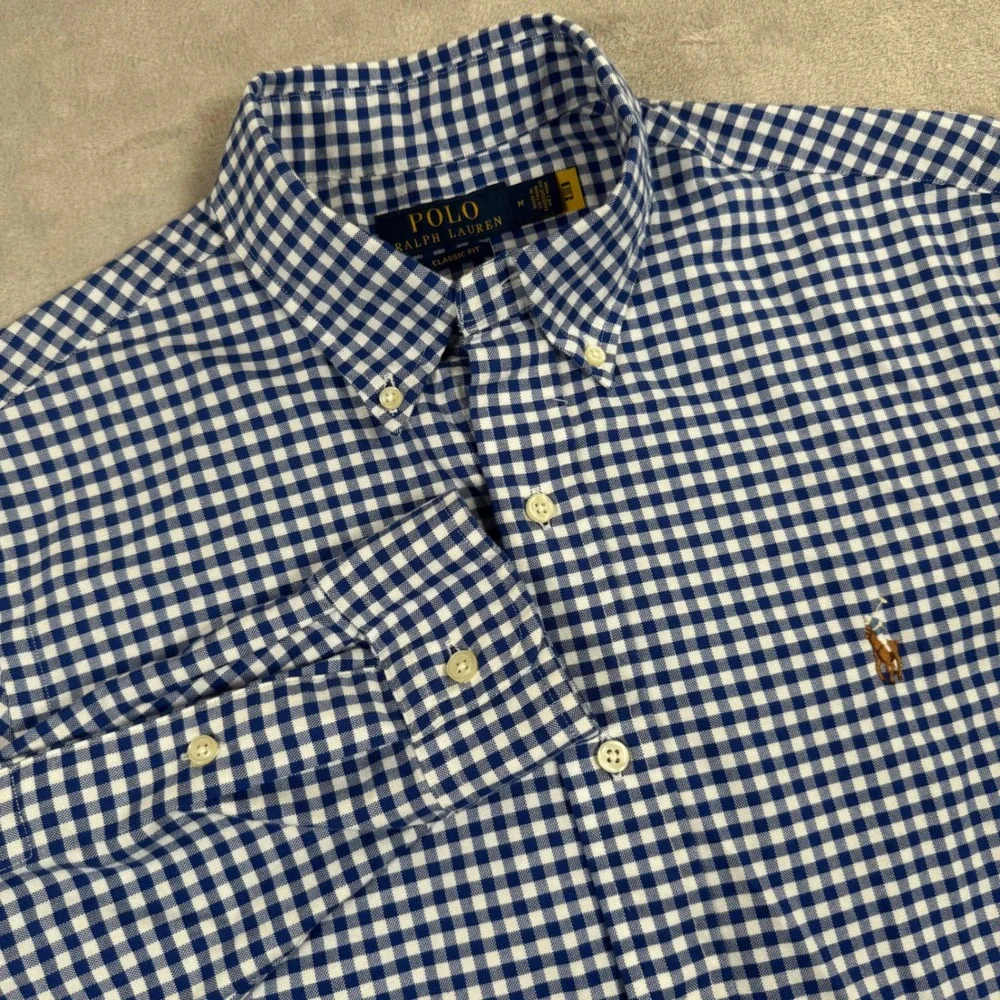 Polo Ralph Lauren Button Down Shirt Mens M Blue Gingham Classic Fit Long Sleeve
